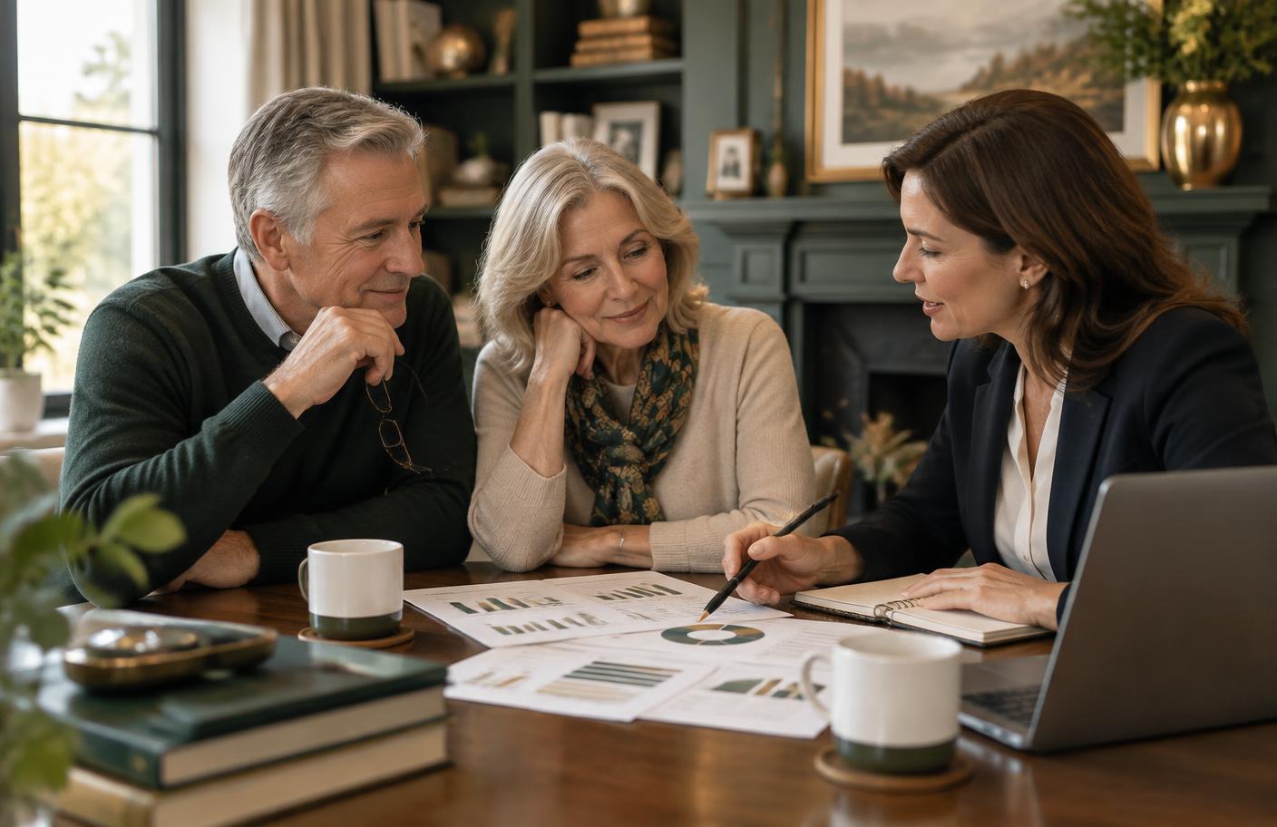 A retired couple discussing their personal pension plan